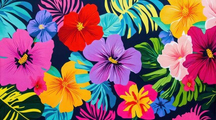 Vibrant tropical floral pattern with hibiscus, palm leaves, and exotic flowers on a dark background.