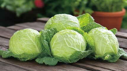 Fototapeta premium Freshly harvested cabbage resting on a rustic wooden table outdoors