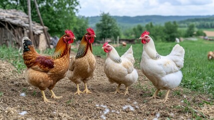 Chickens foraging happily at a vibrant free range eco farm