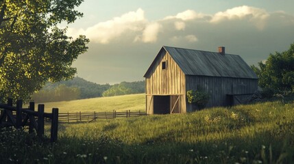 Fototapeta premium Rustic wooden barn in a sunlit field.
