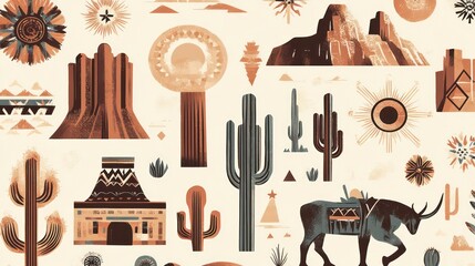 Southwestern US landscape pattern with cacti, mountains, and Native American designs.