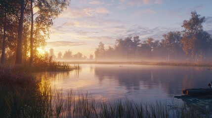 Fototapeta premium Serene sunrise over misty lake with trees and calm water.