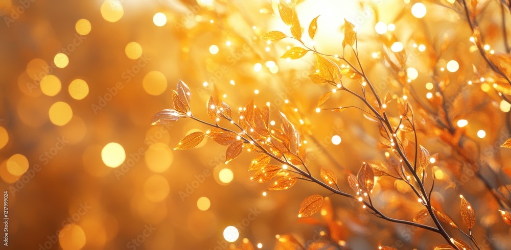 Poster beautiful golden leaves shimmering in sunlight, creating a warm and enchanting atmosphere with a sof