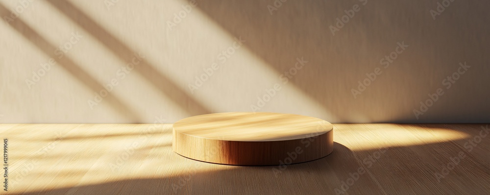 Poster empty round wooden podium on wooden floor with window light beams creating shadows