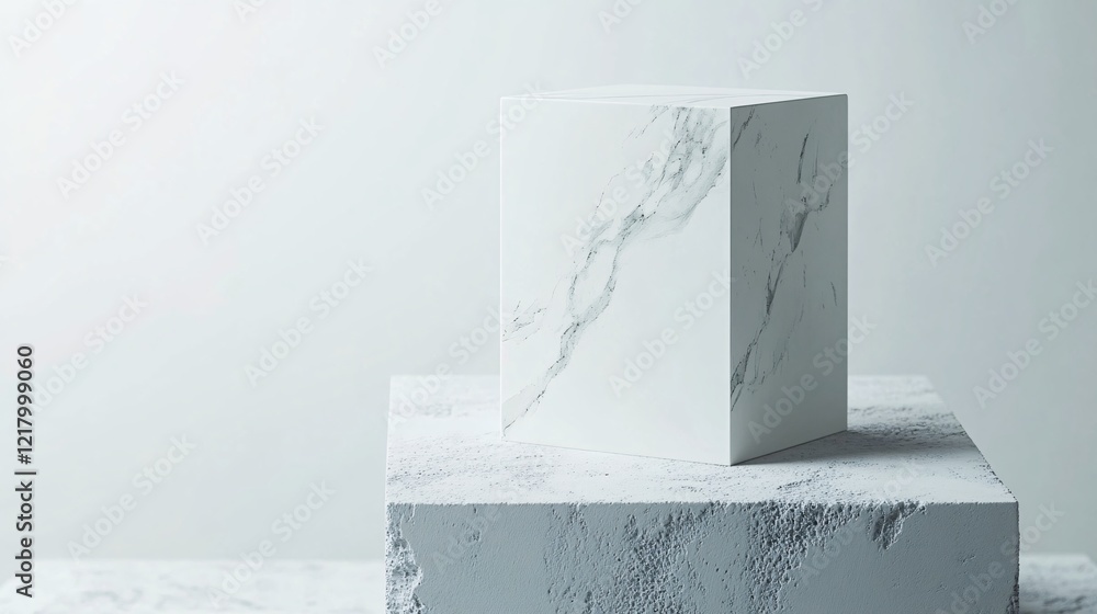 Aufkleber White marble cube standing on concrete block displaying minimalist elegance