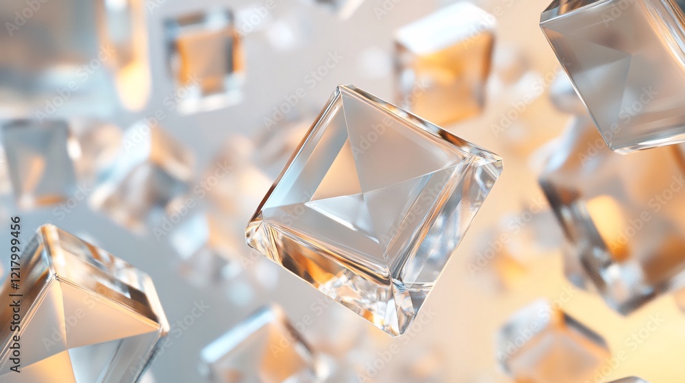 Poster Transparent cubes floating and reflecting golden light: a modern and abstract composition