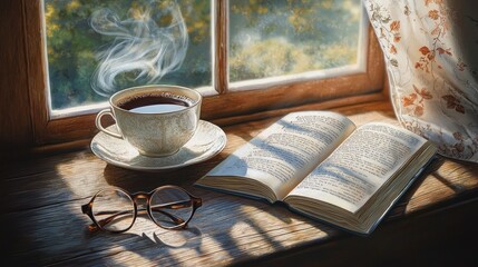 Steaming teacup, open book, and glasses on sunny windowsill.
