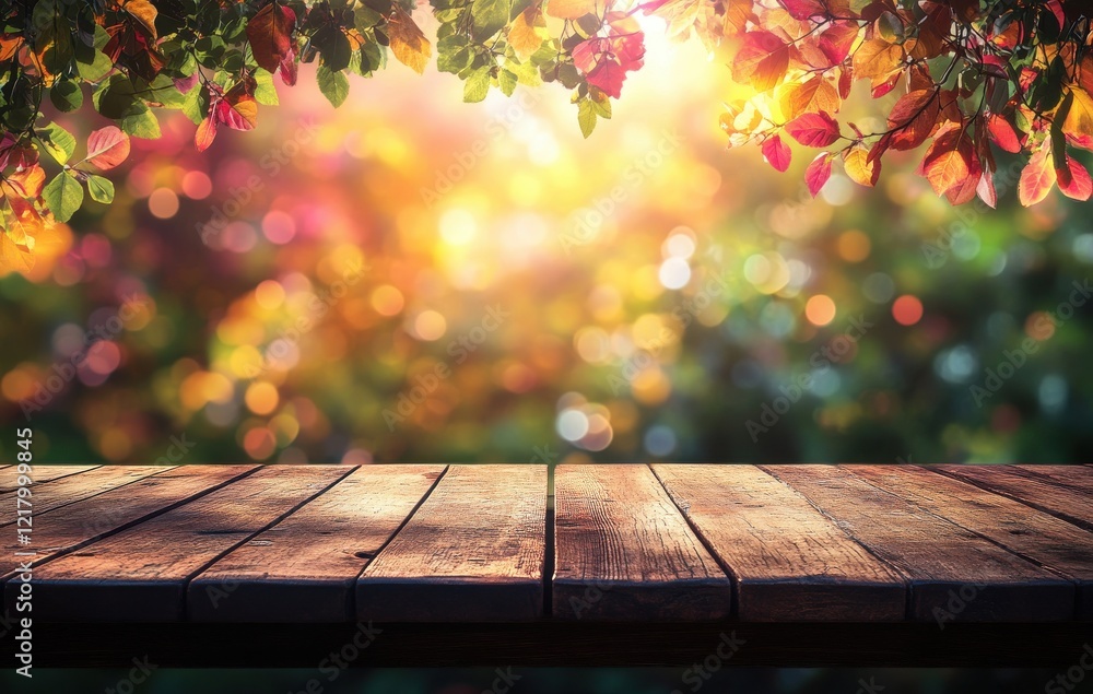 Aufkleber beautiful wooden table in front of a vibrant autumn background with colorful leaves and soft bokeh l