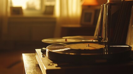 Obraz premium High-resolution photo of a collection of vinyl records and a turntable. Warm indoor light creating a nostalgic ambiance. Emphasizing music and vintage appeal. Perfect for music and retro content.