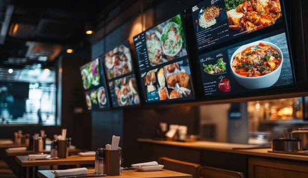 Modern restaurant interior with digital menu boards showing various dishes.
