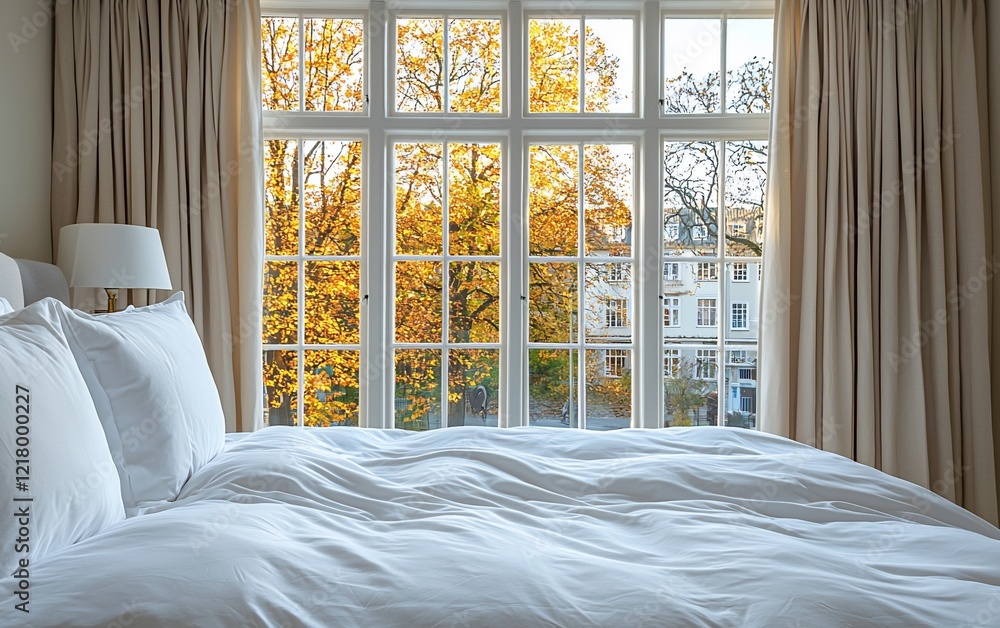Poster bedroom with large window showing autumn trees.