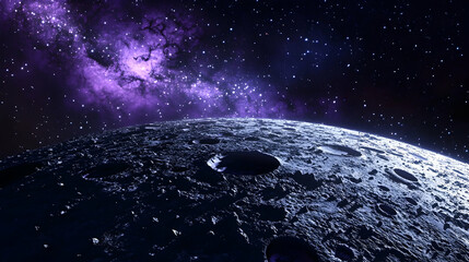 Fototapeta premium Moon surface, purple nebula, space exploration, cosmic background, science fiction