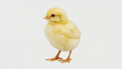 Obraz premium A bright yellow chick standing upright. The chick has a round body, a small black beak, and two tiny orange feet. It appears to be facing to the left, with its head slightly tilted upwards.