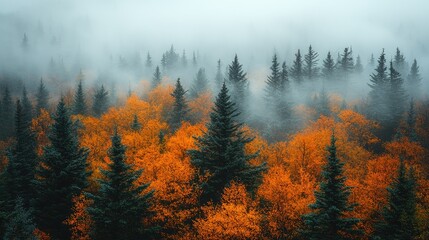 Autumnal Forest Fog Envelops Vivid Orange and Green Trees