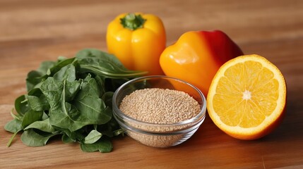 Healthy Ingredients: Quinoa, Spinach, Orange, and Bell Peppers