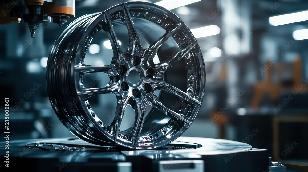 Poster close-up of a shiny, chrome alloy wheel undergoing automated machining in a factory.