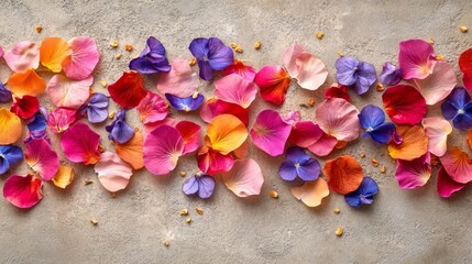 Colorful flower petals arranged in a row on a grey surface