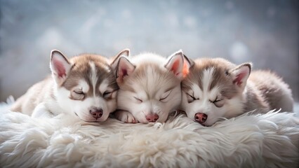 Fototapeta premium Adorable Husky Puppies Sleeping Dreamy Minimalist Photography