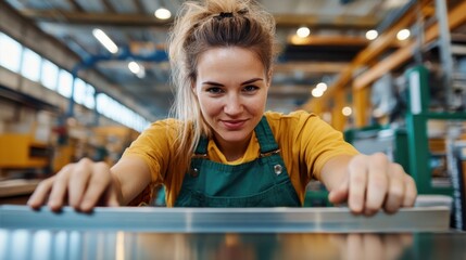 Young woman skillfully bending metal in a bustling workshop