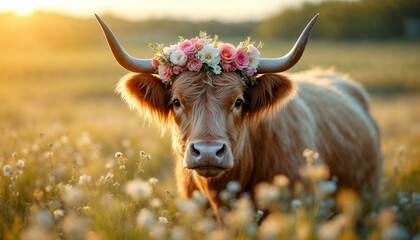 Cute cow cattle heifer bull highland longhorn with horns and a flowery crown in spring in a field