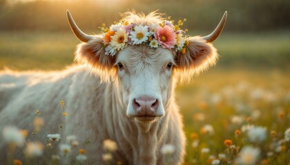 Cute albino cow cattle heifer bull highland longhorn with horns and a flowery crown in spring in a field