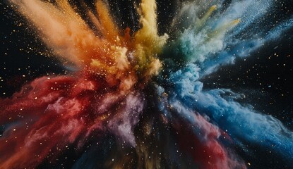 Vibrant colorful powder explosion on black background.