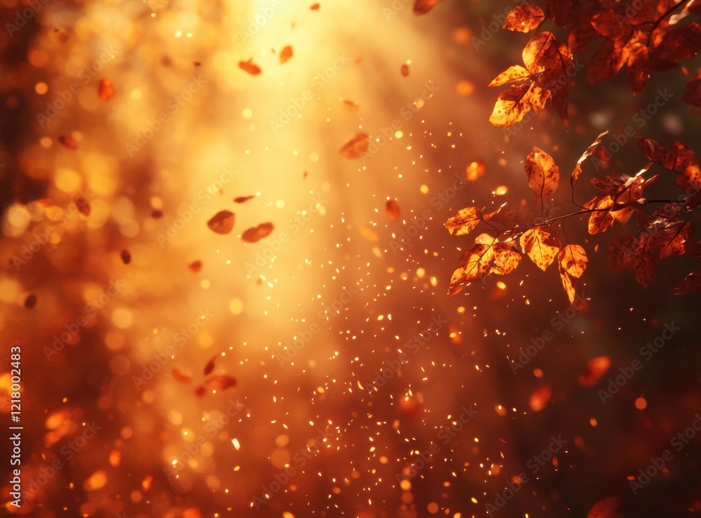 Poster captivating autumn leaves dancing in the air with a warm golden glow and sparkling light, creating a