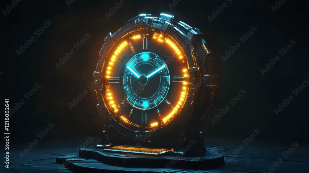 Poster futuristic clock with glowing roman numerals and hands, standing on a dark surface.
