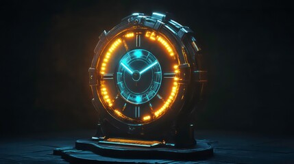 Futuristic clock with glowing Roman numerals and hands, standing on a dark surface.