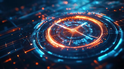 Futuristic clock interface with glowing neon lines and circular design elements.