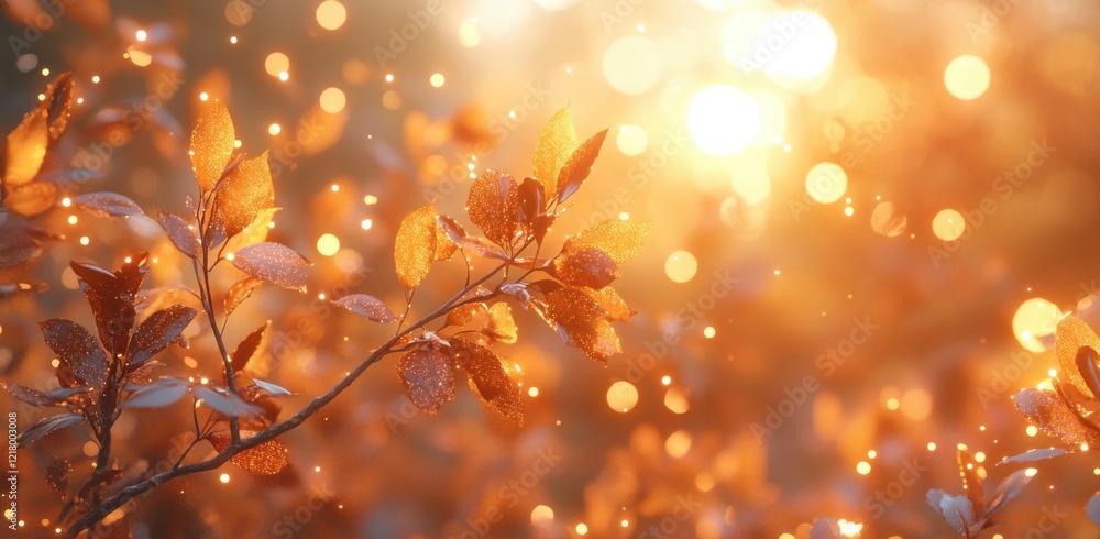 Poster captivating golden hour light through autumn leaves displaying a beautiful natural setting with glim