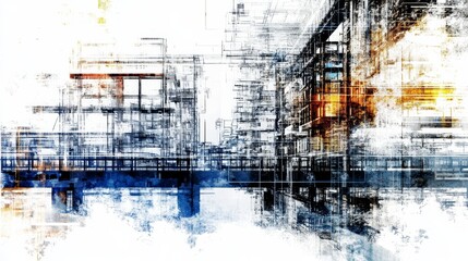Abstract architecture with white gray concrete walls, blue glass, overlapping geometric shapes. Modern office skyscrapers facades in Japanese cities showcased through vibrant multi-exposure effects