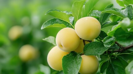 Juicy pluots ripening on a summer day among vibrant green leaves