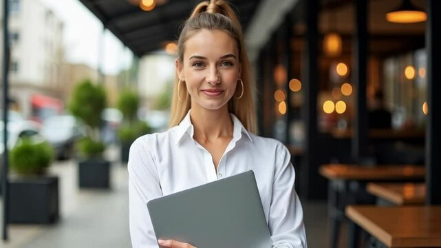 Smiling Young Woman in White Shirt Holding Laptop Outside a Modern Caf&eacute; with Blurry Urban Background and Warm Ambient Lighting