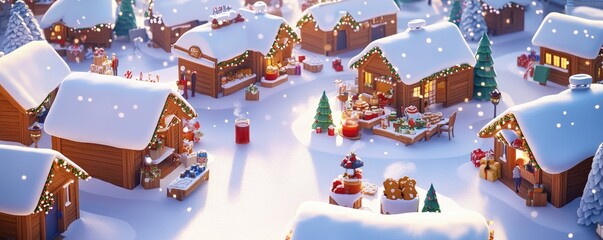 Snowy Christmas market village, winter wonderland, festive stalls, holiday cheer