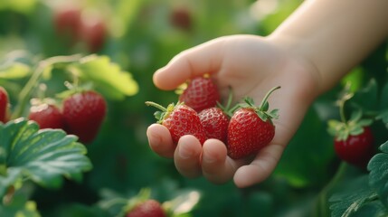 Handful of freshly picked strawberries in a vibrant summer garden
