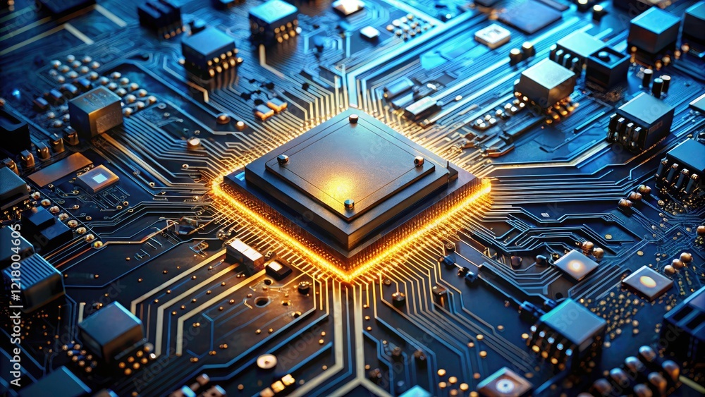 Poster ai chip on circuit board showcasing advanced artificial intelligence technology and innovation in mo