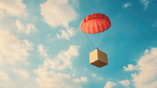 Cardboard box package airdropped by parachute against a bright blue sky with clouds.