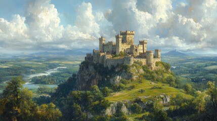 Majestic castle atop a hill overlooking a serene valley under a cloudy sky.