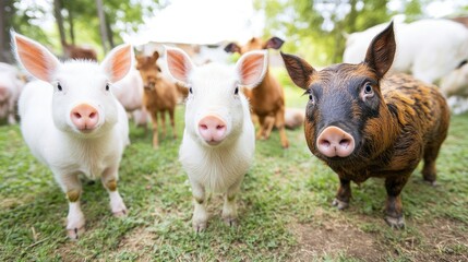 Fototapeta premium Piglets pasture playful farm animals background