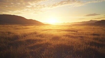 Obraz premium Golden sunset over a vast, grassy plain with mountains in the distance.
