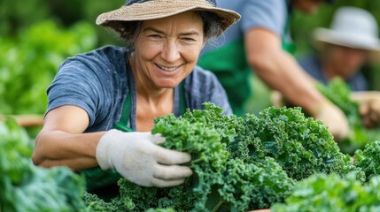 Harvesting kale with care in a vibrant green field