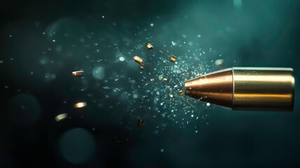 Close-up of bullet in motion, fragments scattering.