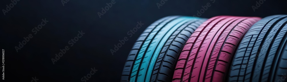 Poster vibrant array of colorful tires displayed in a row on a bright day evoking playfulness and creativit