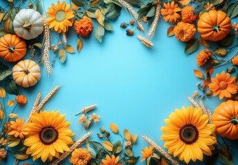 Colorful Autumn Arrangement with Sunflowers, Pumpkins, and Seasonal Flowers on Bright Blue Background Celebrating Fall and Harvest Season