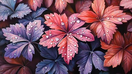 Dew-kissed autumn leaves, forest floor, digital art, nature background, design