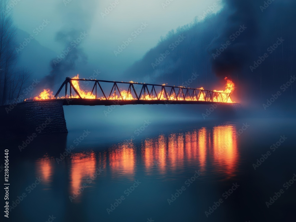 Aufkleber dramatic scene of bridge engulfed in flames with smoke rising into darkening sky creating a tense an