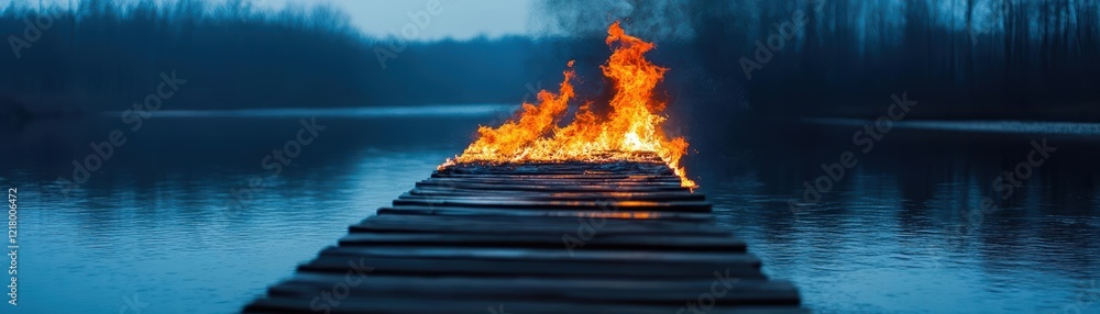 Poster intense flames erupting on wooden dock at twilight casting eerie shadows and illuminating surroundin