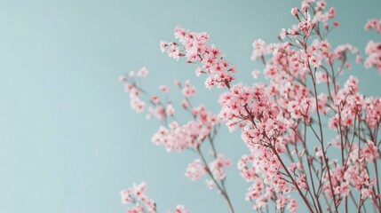 Pink cherry blossom branches blooming on light blue background