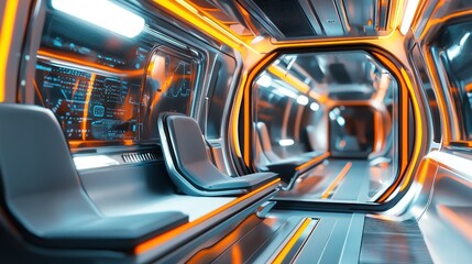 Futuristic spaceship corridor interior with glowing orange lights and digital displays.